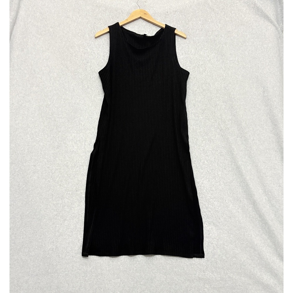 EILEEN FISHER Dress Size Large Kaftan Tunic Black Ribbed Knit High Side Slits‎